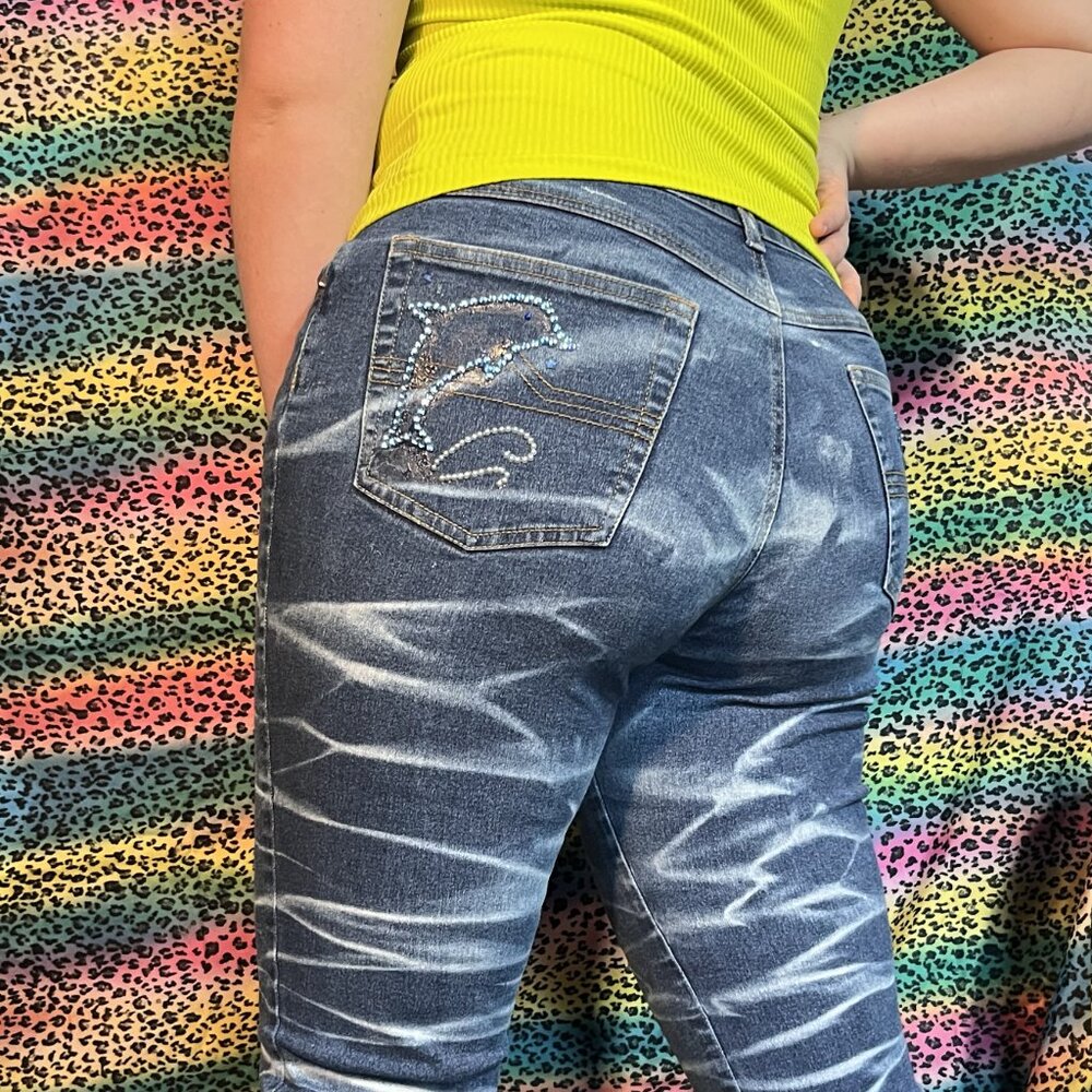 Y2k/90s bedazzled dolphin jeans with bleach wave pattern